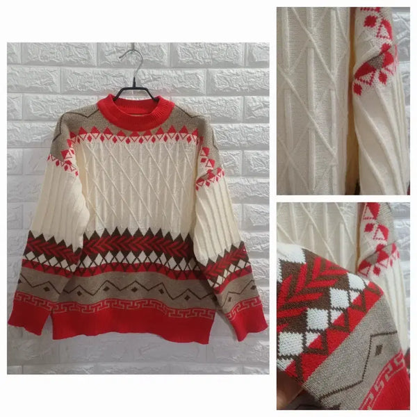[BUNJANG] Ivory Red Pattern Knit Sweater / 아이보리 레드 패턴 니트