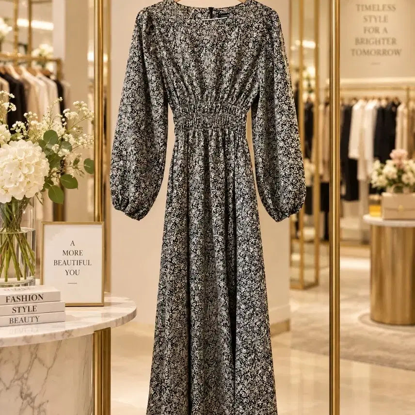 [BUNJANG] Leopard Print Long Dress - Ivory & Black / (새상품) 가을무드 레오파드 롱 원피스_아이보리&블랙 컬러