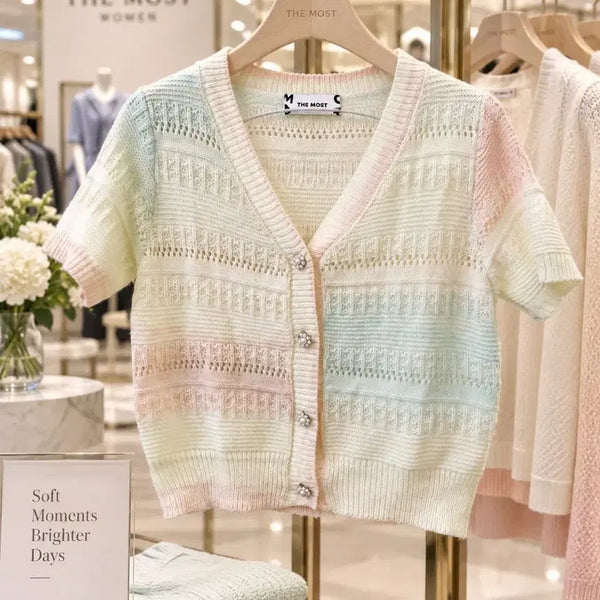 [BUNJANG] Rainbow Pastel Knit Cardigan / 레인보우 파스텔 투톤 배색 반팔 니트 가디건
