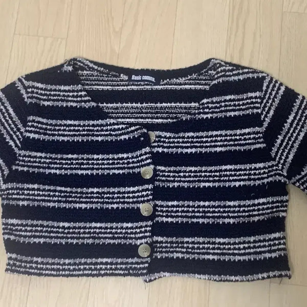 [BUNJANG] Stripe Crop Cardigan Navy / 스트라이프 크롭 가디건 네이비