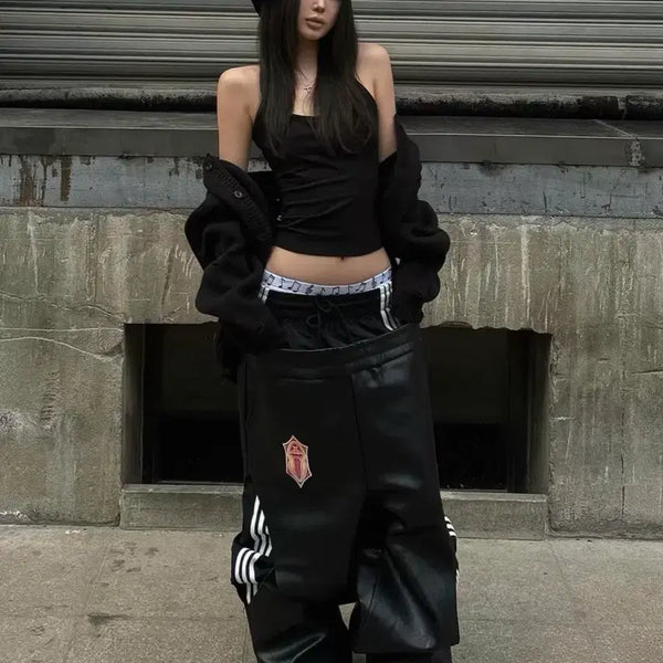[BUNJANG] Leather Stripe Wide Track Pants / 레더 스트라이프 와이드 트랙 팬츠