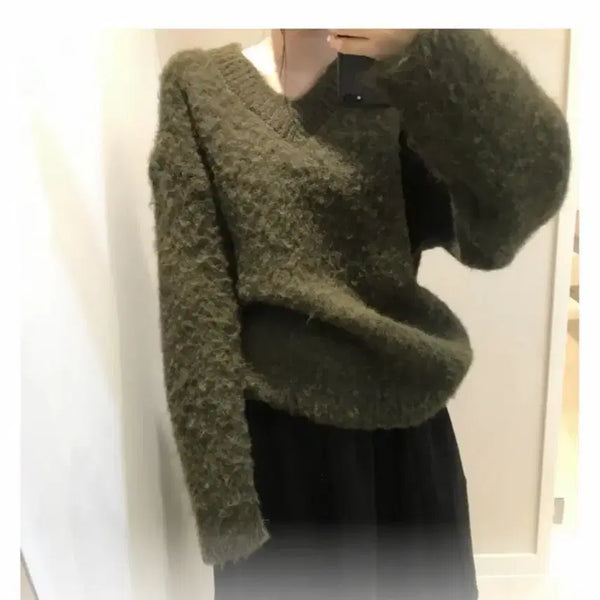 [BUNJANG] Angora Knit V-Neck Sweater - Khaki / 앙고라 니트 카키
