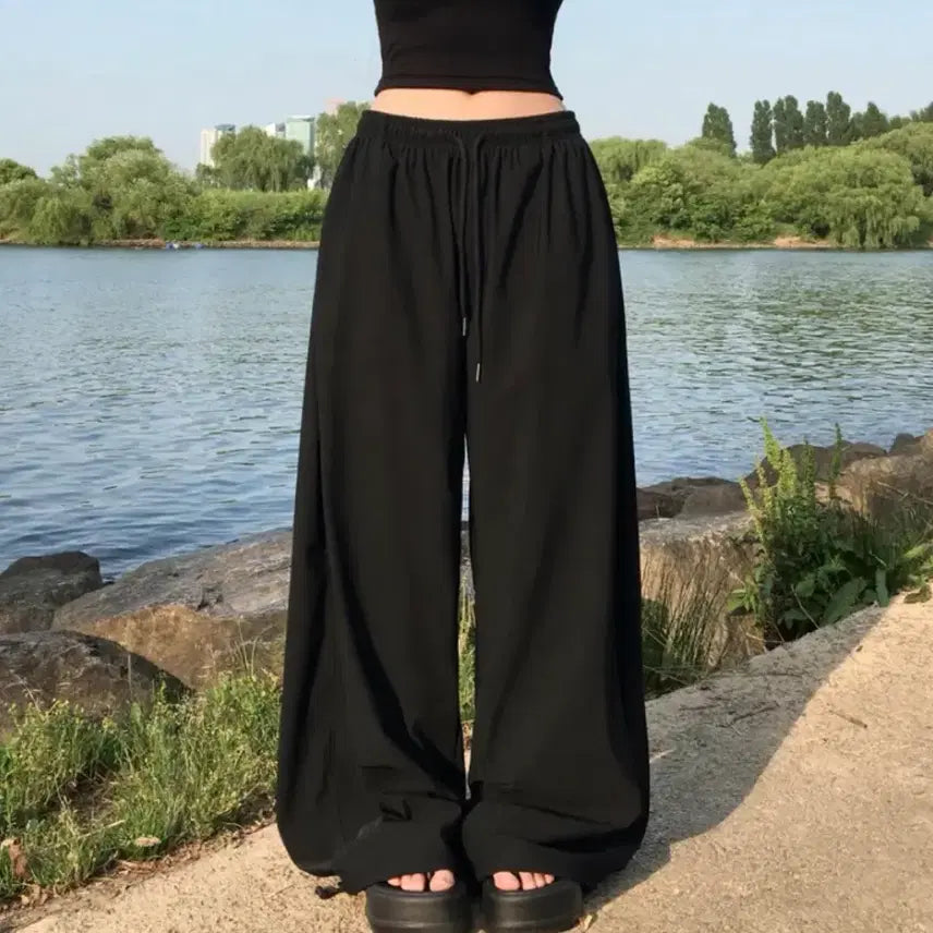 [BUNJANG] Black Wide-Leg Pants / 차르르 와이드 팬츠 블랙