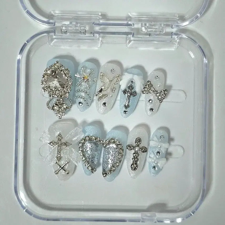 [BUNJANG] Handmade Sky Blue Lace & Gem Nail Tips Set / 수제네일팁 네일아트 하늘색 레이스 보석