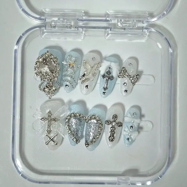 [BUNJANG] Handmade Sky Blue Lace & Gem Nail Tips Set / 수제네일팁 네일아트 하늘색 레이스 보석