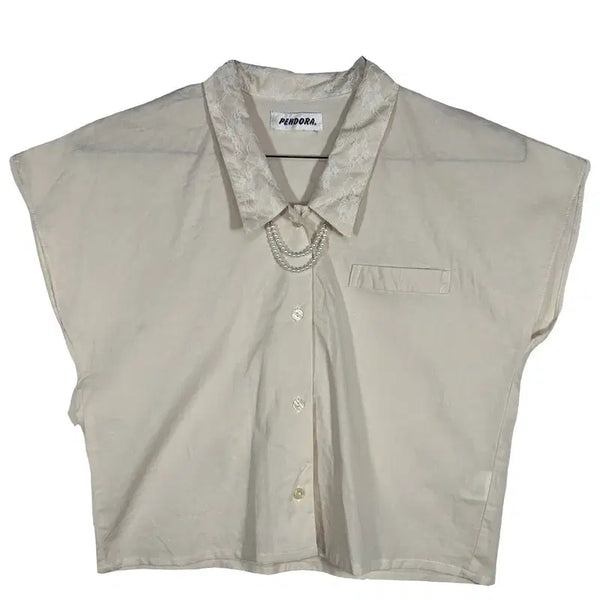 [BUNJANG] Pearl Point Short Sleeve Blouse / 진주 포인트 반팔 블라우스 [M] 빈티지룩 코튼 혼방