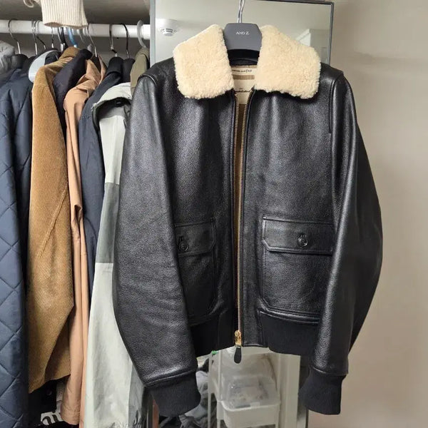 [BUNJANG] vivastudio A2 Shearling Collar Genuine Leather Jacket / 비바스튜디오 A2 양털카라 소가죽 자켓 M사이즈