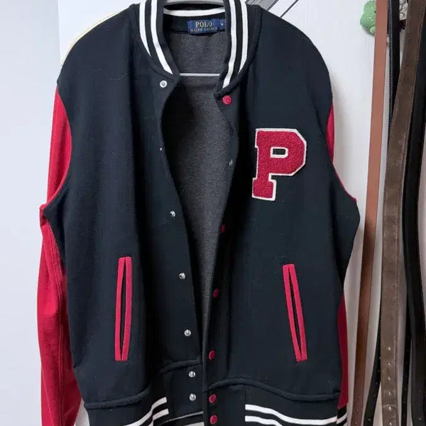 [BUNJANG] Polo Ralph Lauren Varsity Jacket Black/Red P-Patch Sweatshirt / 폴로 랄프로렌 바시티 자켓 블랙 레드