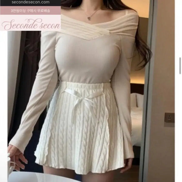 [BUNJANG] Second Second Romil Twist String Mini Skirt Ivory Ribbon Cable Knit / [새상품] 세컨드세컨 로밀 트위스트끈미니 스커트 치마 아이보리 리본 꽈배기니트 미니스커트 에이블리지그재그 밴딩