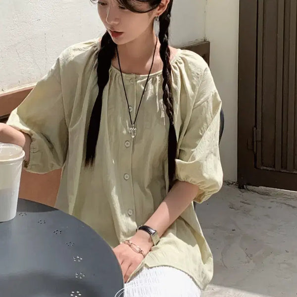 [BUNJANG] ALITTLEBIT Cony Back-Slit Blouse Light Green / 어리틀빗 코니 백슬릿 블라우스 라이트 그린 cony back-slit blouse