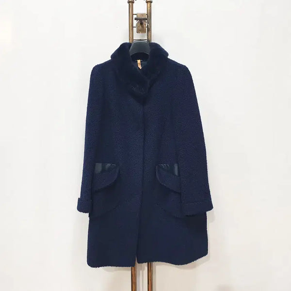 [BUNJANG] Rabbit Fur Collar Contrast Coat (Navy, Size 66) / (JJ31366)토끼털 카라배색 코트 66