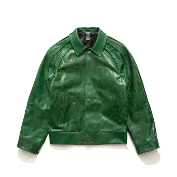 [BUNJANG] Unaffected Cracked Leather Varsity Jacket Green / (M) Unaffected 언어펙티드 레더 바시티 자켓 크랙드 그린