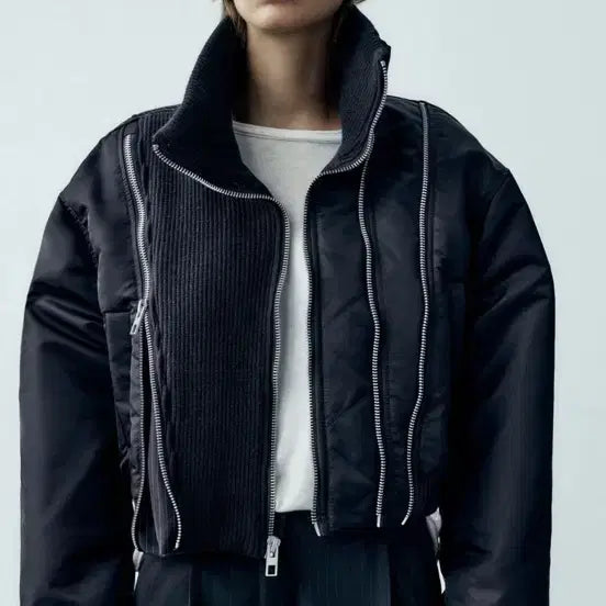 [BUNJANG] Zara Zipper Contrast Bomber Jacket Navy / 자라 지퍼 콘트라스트 봄버 자켓 네이비 완전 새상품