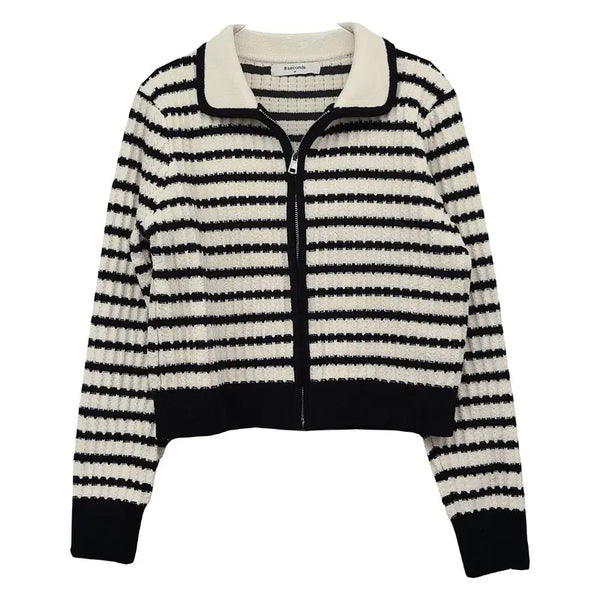 [BUNJANG] 8seconds Cream Stripe Polyester 100% Basic Knit Zip-Up M / 에잇세컨즈 크림 스트라이프 폴리에스터 100% 베이직 니트 집업 M