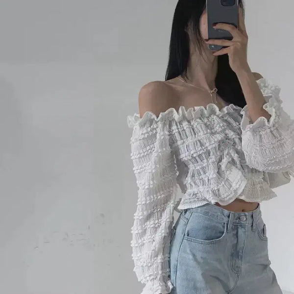 [BUNJANG] Frilled Off-Shoulder Blouse / 캉캉 레이스 프릴 오프숄더 블라우스 화이트