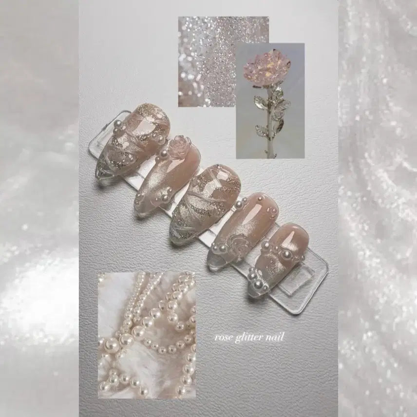 [BUNJANG] Rose Glitter Handmade Nail Tips / 진주 투명 장미 자석 수제네일팁