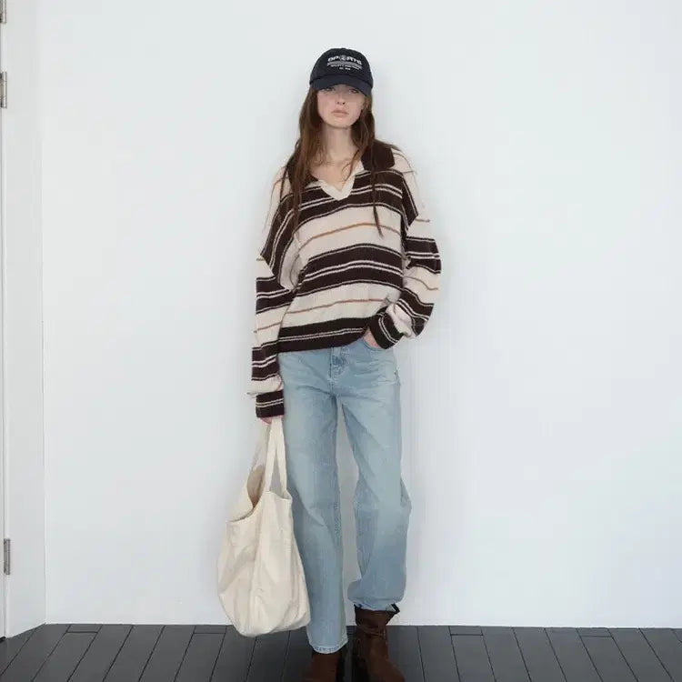 [BUNJANG] The Raust Preppy Stripe Open Collar Pullover / The Raust 프레피 스트라이프 오픈 카라 풀오버