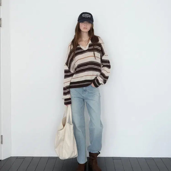 [BUNJANG] The Raust Preppy Stripe Open Collar Pullover / The Raust 프레피 스트라이프 오픈 카라 풀오버