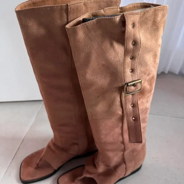 [BUNJANG] Suede Open-Toe Long Boots - Brown (235) / 스웨이드 쪼리 롱부츠 브라운 235