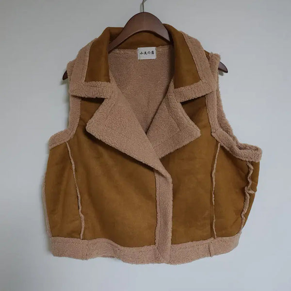 [BUNJANG] Women's Brown Suede Shearling Vest Snap Button / 663 여성 브라운 스웨이드 무스탕 조끼 베스트 스냅 단추