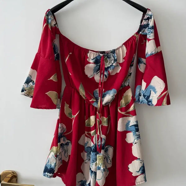 [BUNJANG] Red Flower Pattern Off-Shoulder Jumpsuit / 레드 플라워패턴 오프숄더 점프수트