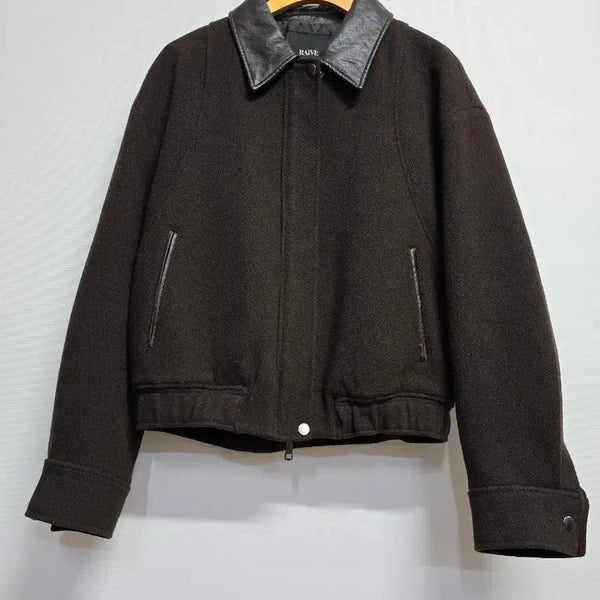 [BUNJANG] RAIVE Leather Collar Wool Jacket Brown / RAIVE 레더 카라 울 자켓 브라운