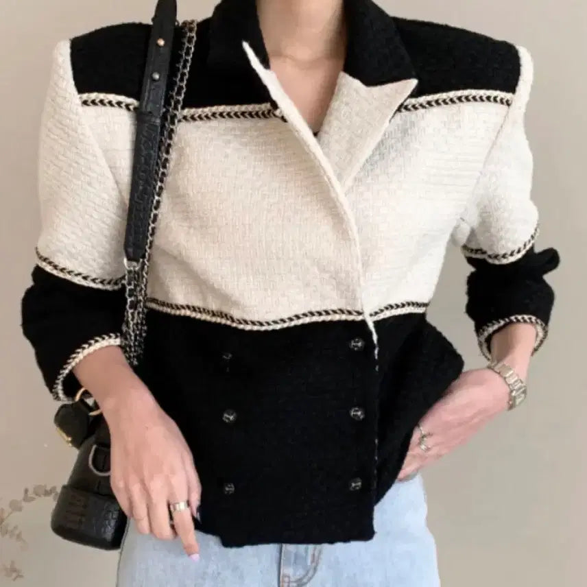 [BUNJANG] Tweed Color-Block Double-Button 8-Sleeve Jacket / 트위드 배색 더블 버튼 자켓 8부