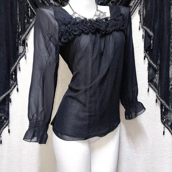 [BUNJANG] Black Sheer Dot Ruffle Blouse / jpn 로맨틱고딕 고스룩 블랙 시스루 도트 프릴 러블 블라우스 핀터 공겜 로걀탑 갸루