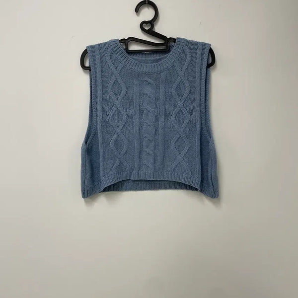 [BUNJANG] Cable Knit Vest Sky Blue / 케이블 크롭 니트 조끼 베스트 스카이블루