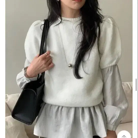 [BUNJANG] Layered Frill Shirring Blouse Gray / 레이어드 프릴 셔링 블라우스 그레이