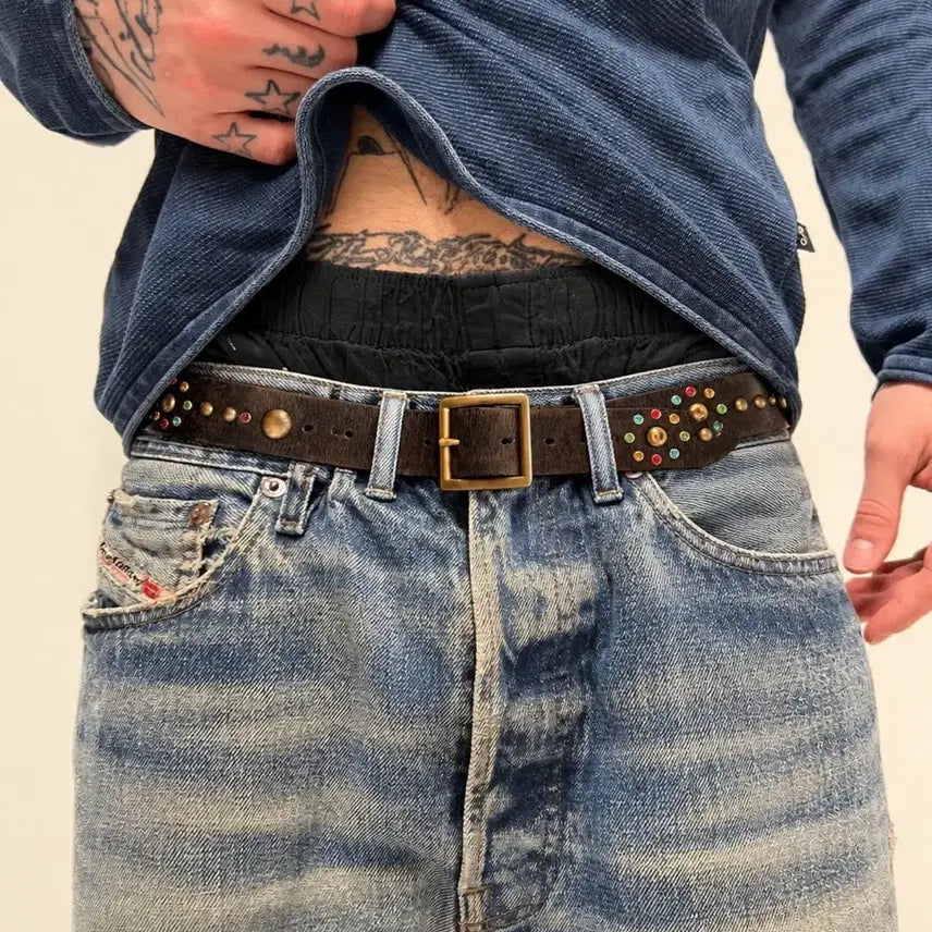 [BUNJANG] 90s-00s Vintage Solid Brass Garrison Gemstone Studded Heavy Leather Belt / [USA]90-00s 빈티지 솔리드 브라스 게리슨 젬스톤 주얼 스터드 헤비 레더 벨트