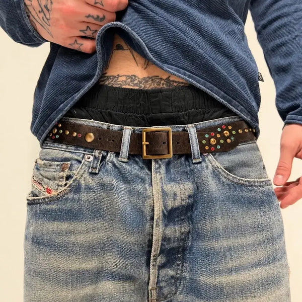 [BUNJANG] 90s-00s Vintage Solid Brass Garrison Gemstone Studded Heavy Leather Belt / [USA]90-00s 빈티지 솔리드 브라스 게리슨 젬스톤 주얼 스터드 헤비 레더 벨트