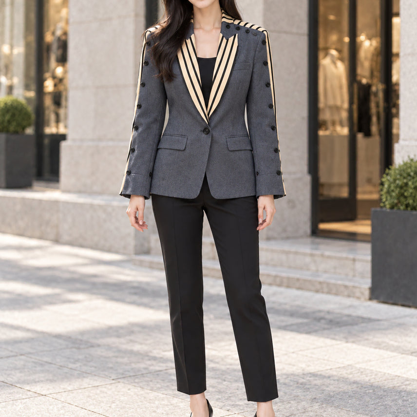 [BUNJANG] Sandro Women's Striped Double-Layered Long Jacket / 산드로 여성 S 이중레이어드 스트라이프 롱자켓