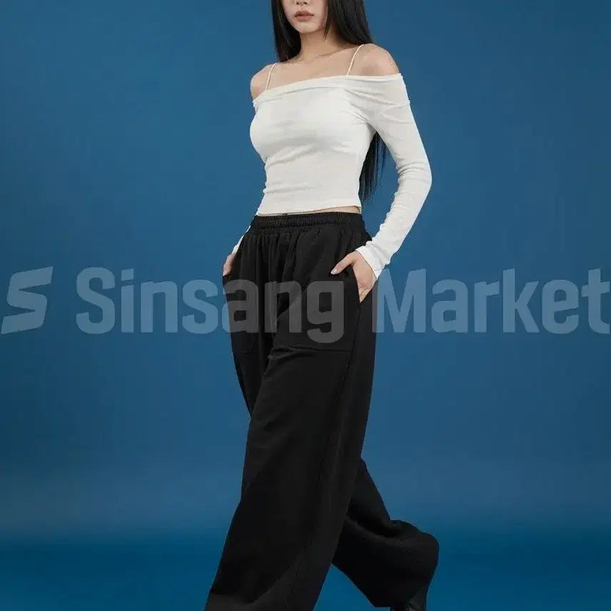 [BUNJANG] Sheer Off-Shoulder Crop Top / [빠른발송] 시스루언발t 오프숄더 섹시 크롭 긴팔티 레이어드 캐주얼룩 데