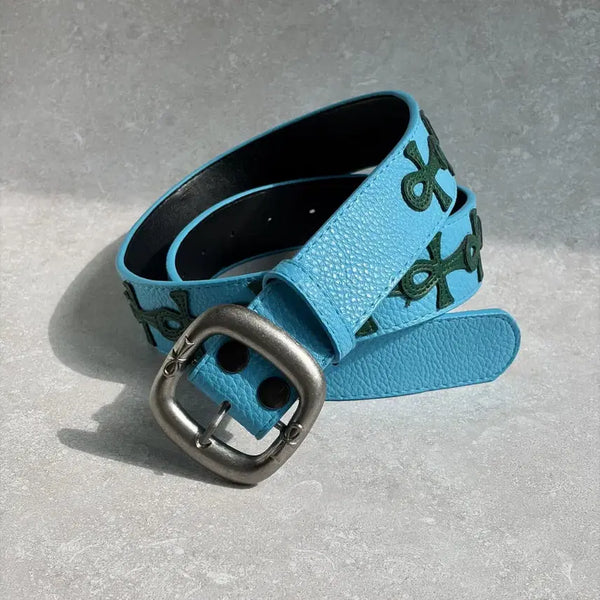 [BUNJANG] Chrome Round Buckle Cross Leather Patch Basic Leather Western Belt Unisex / 크롬 라운드 버클 크로스 가죽 패치 베이직 가죽 웨스턴 벨트 남자 여자