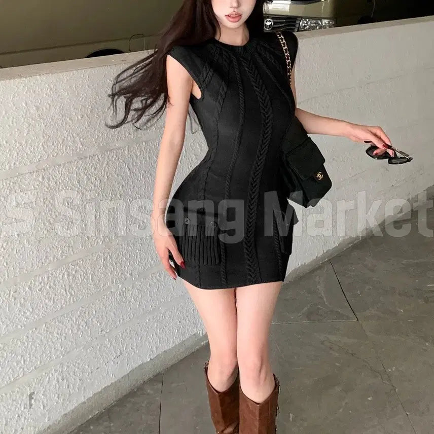 [BUNJANG] Long Sleeve Knit Mini Dress / [빠른발송] 랄프ops 없음 바배 꽈배기니트 섹시슬림핏 포켓 미니 원피스