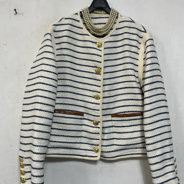 [BUNJANG] Striped Tweed Jacket - Luxury Style / N7142 스트라이프 트위드 자켓.노카라.럭셔리스타일