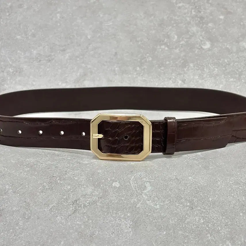 [BUNJANG] Oribell Solid Gold Buckle Crocodile Pattern Leather Western Belt / Oribell 솔리드 골드 버클 악어 크로커다일 패턴 가죽 웨스턴 벨트