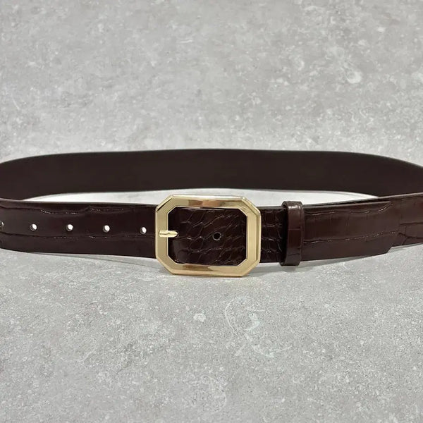 [BUNJANG] Oribell Solid Gold Buckle Crocodile Pattern Leather Western Belt / Oribell 솔리드 골드 버클 악어 크로커다일 패턴 가죽 웨스턴 벨트
