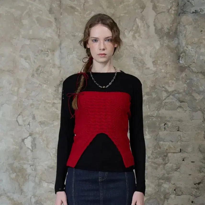 [BUNJANG] Latizen L13 Knit Top Set Red / 라티젠 L13 KNIT TOP SET RED 레드 탑 블랙 니트 세트