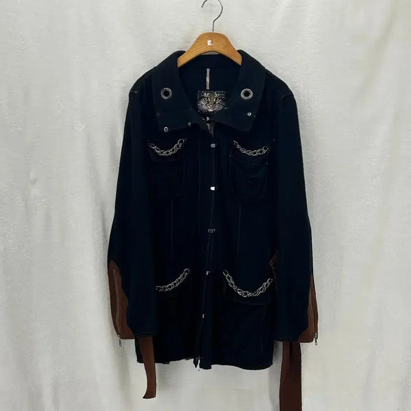 [BUNJANG] GK Gothic Punk Eyelet Chain Multi-Pocket Wool Jacket / [GK] 지케이 고딕 펑크 아일렛 체인 멀티포켓 울 자켓
