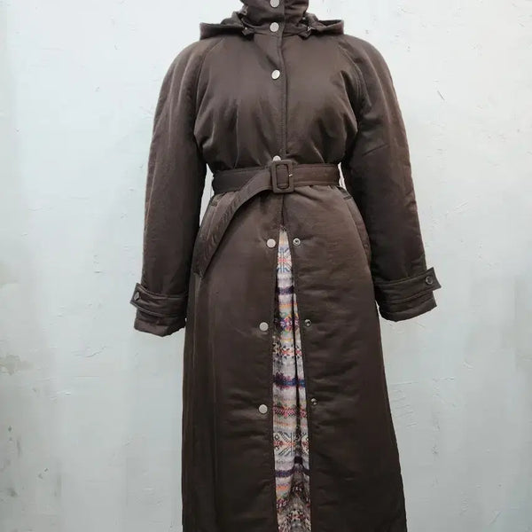 [BUNJANG] Brown Belted Hooded Padded Coat / 패딩 코트 브라운 벨트 후드