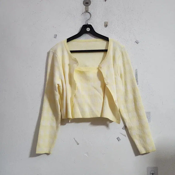 [BUNJANG] Check Pattern Knit Cardigan Set - Yellow / 체크 패턴 니트 가디건 세트 옐로우