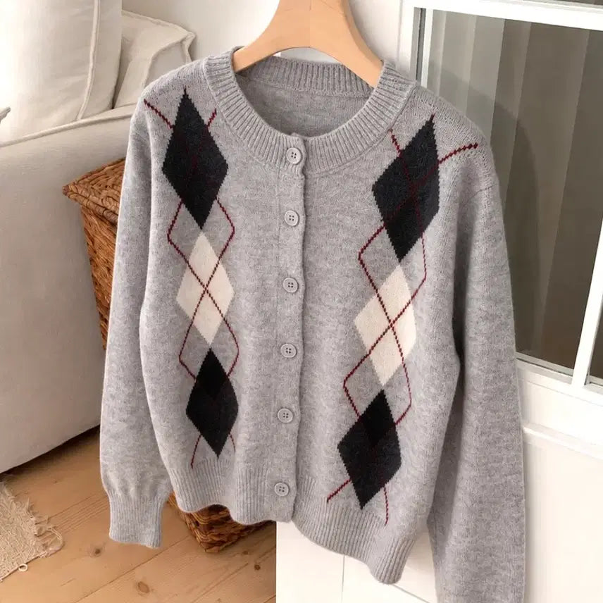 [BUNJANG] Argyle Pattern Round Neck Knit Cardigan / (새상품) 아가일 패턴 라운드넥 니트 가디건