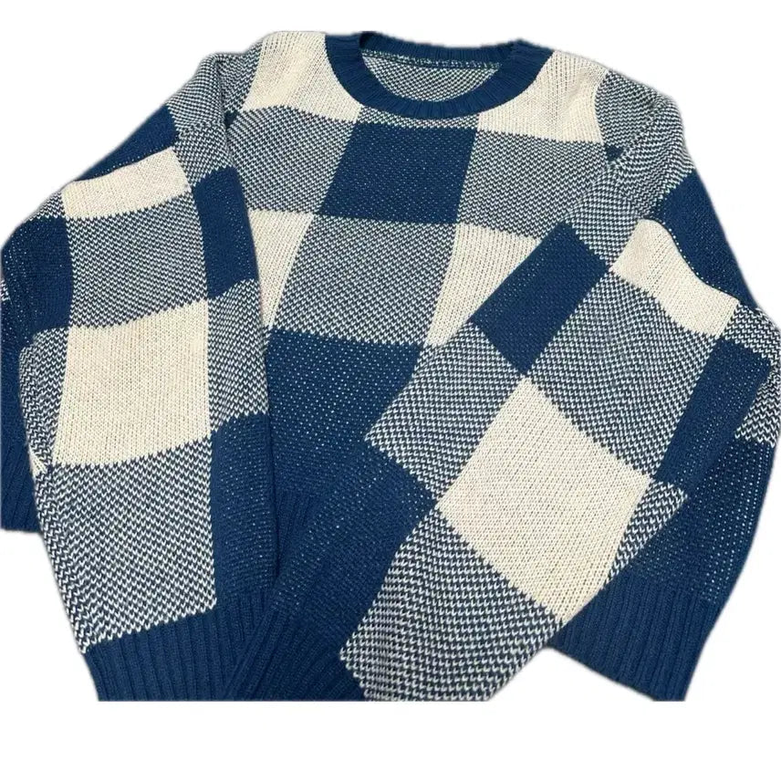 [BUNJANG] Blue Checkered Knit Sweater / 블루 체크니트 / 체크 니트