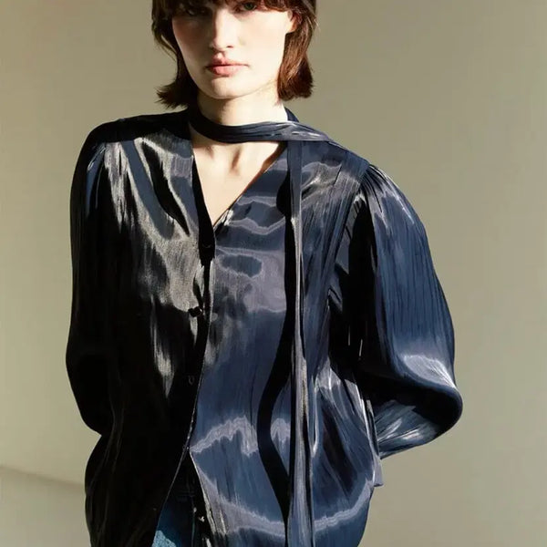 [BUNJANG] MOHAN Navy Silky Tie Blouse / 모한 네이비 실키 타이 블라우스