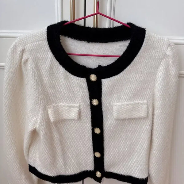 [BUNJANG] Ivory Black Color Block Jacket Cardigan / 새상품 아이보리 블랙 배색 자켓가디건