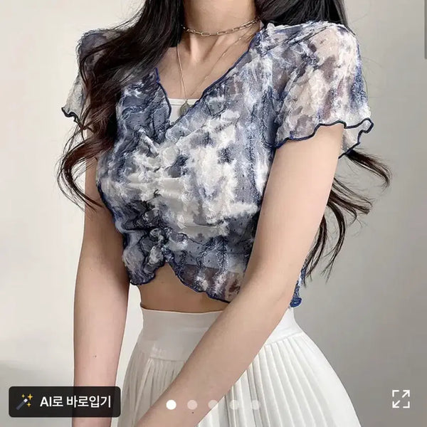 [BUNJANG] See-through Print Crop Blouse / 시스루 나염 크롭 블라우스
