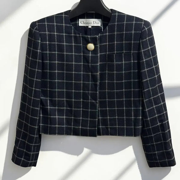 [BUNJANG] Christian Dior Check Cropped Jacket Navy / 크리스찬 디올 체크 크롭 자켓