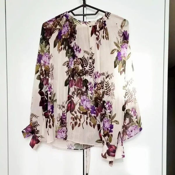 [BUNJANG] Floral Chiffon Blouse - Purple / 꽃무늬 쉬폰 퍼플 블라우스